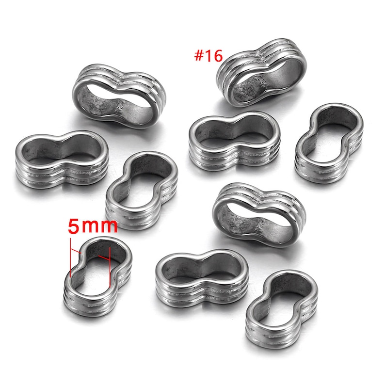 May include: A group of 10 silver-toned metal spacer beads, each with a double loop design. The beads are 5mm in diameter and are labeled #16.