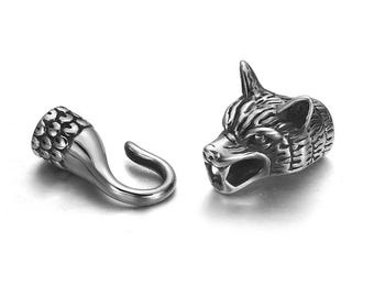 Wolf Stainless Steel End Cap Hook for Jewelry Making, Bracelet Hook and Eye Clasp Closure, Hole 8mm, Sold by set