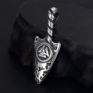 Viking Spear Stainless Steel Pendant with Valknut