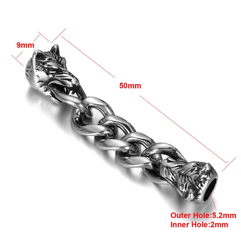 May include: Silver-toned metal chain with wolf head ends. The chain is 50mm long and 9mm wide. The outer hole is 5.2mm and the inner hole is 2mm.
