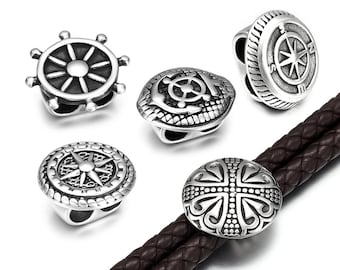 316L Stainless Steel 5mm Double Hole Slide Beads, Anchor Rudder Compass Patterned, DIY Double Leather Bracelet Jewelry Making, Charms