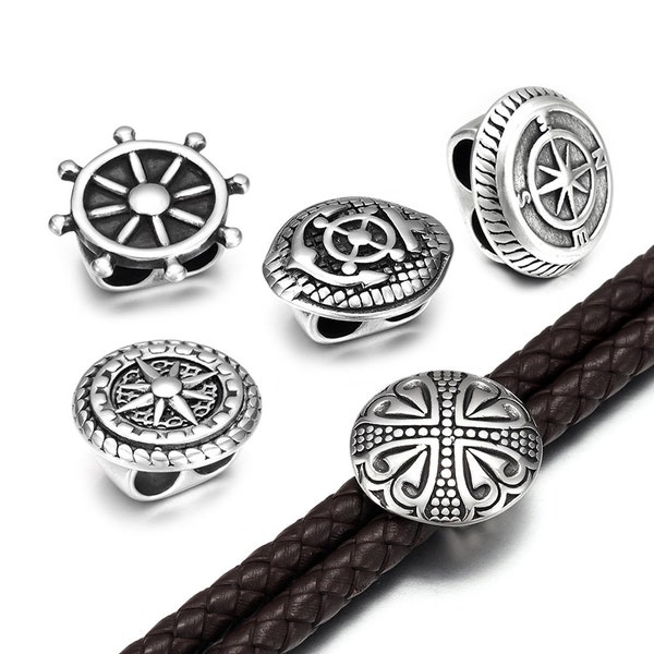 316L Stainless Steel 5mm Double Hole Slide Beads, Anchor Rudder Compass Patterned, DIY Double Leather Bracelet Jewelry Making, Charms