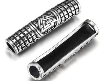 Stainless Steel Tube Viking Beads with Valknut, Bracelet Slide Beads, 43x10mm, Hole: 6mm, 1 Pc.