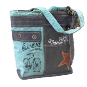 Repurposed Military Canvas Tote Shoulder Bag Purse  UpCycled Sustainable Materials Aqua Gray/Grey Bike Bicycle Lover Bag Great Gift for Her