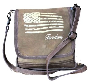 Freedom Flag Repurposed Military Tent Canvas Crossbody Messenger Bag Recycled Materials Purse Shoulder Bag Military Veteran Mom Wife Gift