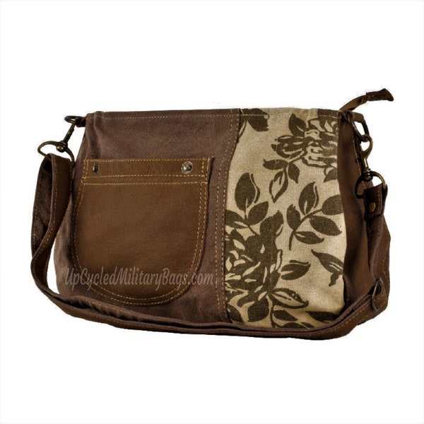 Brown Floral Shoulder Bag Repurposed Military Canvas & Leather Crossbody Purse  Recycled Sustainable Canvas Material Gift for Mom Wife  Her