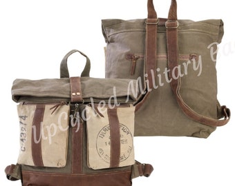 Large Roll Top BackPack made of Repurposed Military Tent Canvas Sturdy Material  Weekender Travel Tote UpCycled & Repurposed BackPack