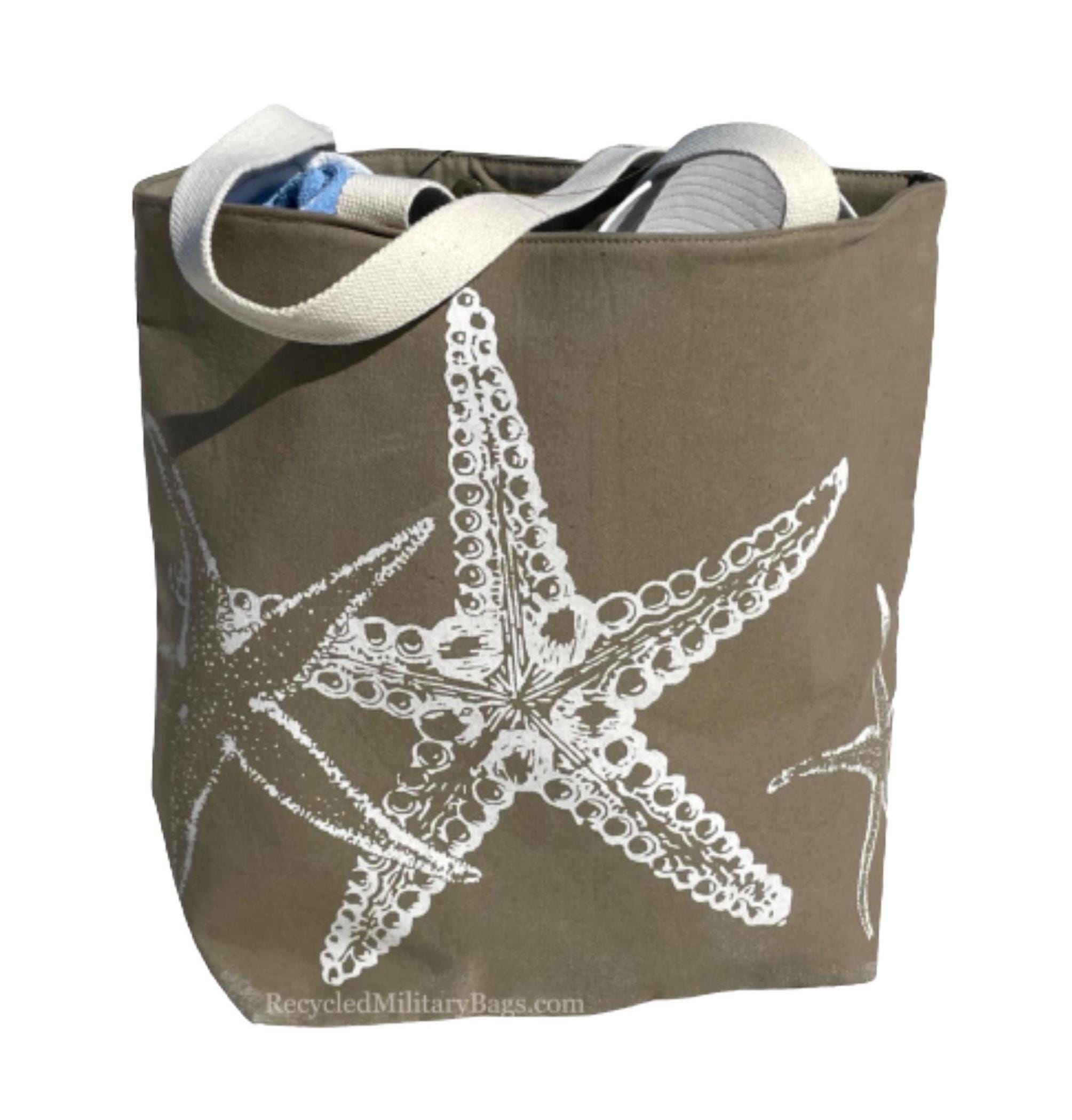 Upcycled Military Canvas Beach Tote Bag: Starfish Travel, Market Bag
