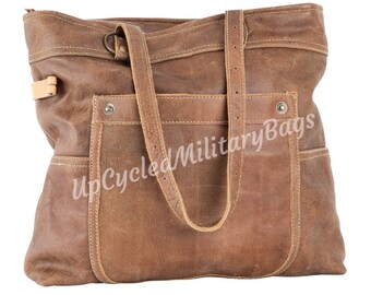 Distressed Leather Purse Repurposed Military Tent Canvas & Leather Shoulder Bag Purse Tote Travel Bag Veteran Gift for Her Leather Tote