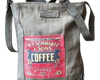 Coffee Inspired Upcycled Military Canvas Crossbody Bag: Coffee Lover Gift