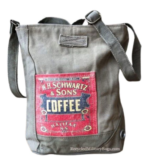 Coffee Inspired Upcycled Military Canvas Crossbody Bag: Coffee Lover Gift
