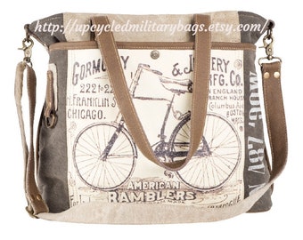 American Rambler Bicycle Weekender Travel Tote Bag & Crossbody Strap Repurposed Military Canvas Eco-Friendly Gift Military Mom, Wife Veteran