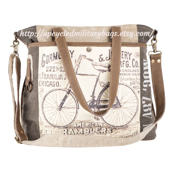 UpCycled Military Repurposed Canvas American Ramblers Crossbody Bicycle Recycled Military Tent & Tarp Chicago Weekender Canvas Travel Bag