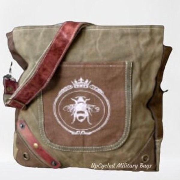 Queen Bee Canvas Bag | Repurposed Military Canvas Fall Bag | Bee Purse, Messenger,  Shoulder Bag | Military Veteran Mom Wife Perfect Gift