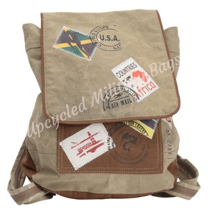 Travel Stamp Backpack of Repurposed Sustainable Military Tent Canvas Vintage inspired with travel stamps: USA, Africa, Denmark Military Gift