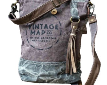 UpCycled Military Canvas Crossbody Vintage Map Canvas Crossbody Repurposed Military Tent Canvas Recycled Military Canvas Purse Shoulder Bag