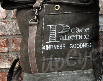 Repurposed Military Tent Canvas Backpack: Roll Top Peace and  display picture 2