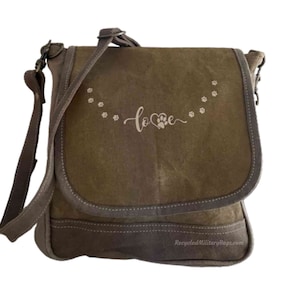 Dog and Cat Paw Prints Canvas Crossbody Bag: Eco-Friendly Upcycled Military Minimalist Style