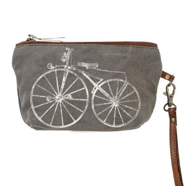 Vintage Bicycle Canvas Wristlet, Clutch or Makeup Bag of Repurposed Military Tent Canvas Bicycle Cosmetic Bag Great Gift for Veteran Mom Her