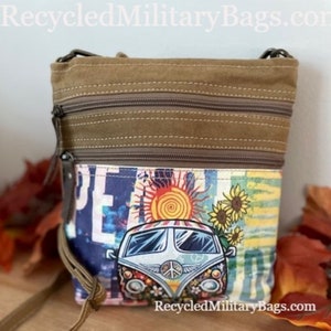 Peace and Hippie Van Bus Repurposed Canvas Crossbody Bag made of Sustainable Military Canvas  ~ Cool & Groovy Hippie Love Bus Purse