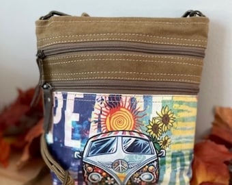 Peace and Hippie Van Bus Repurposed Canvas Crossbody Bag made of Sustainable Military Canvas  ~ Cool & Groovy Hippie Love Bus Purse