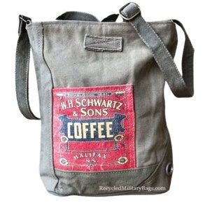All Canvas Material Coffee Lover Printed Bag made of  Repurposed and UpCycled Military Canvas & Tent Great Gift for Her Military Mom Wife or