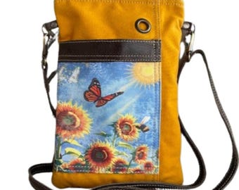 Yellow Sunflower Sustainable Military Canvas Passport Crossbody Travel Bag