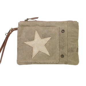 Canvas Vintage Star Wristlet Recycled Military Bag Clutch Repurposed Military eco- friendly Make Up Bag Great Military Mom Wife Veteran Gift