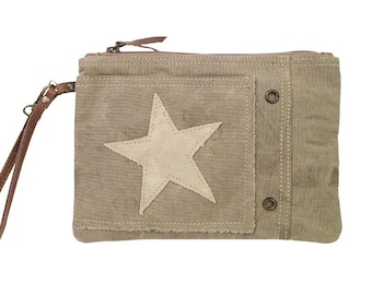 Canvas Vintage Star Wristlet Recycled Military Bag Clutch Repurposed Military eco- friendly Make Up Bag Great Military Mom Wife Veteran Gift