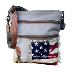 American Flag Patriotic Crossbody Shoulder Bag Purse made of Military Canvas Tent American Pride Gift for Her Military Veterans Mom, Wife