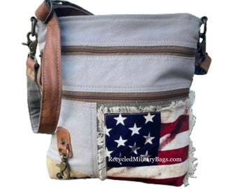 American Flag Patriotic Crossbody Shoulder Bag Purse made of Military Canvas Tent American Pride Gift for Her Military Veterans Mom, Wife