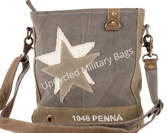 Repurposed Military Double Star Army Canvas Bag | Recycled Military Tent & Tarp UpCycled Crossbody Shoulder Bag Army Wife Army MOM Handbag