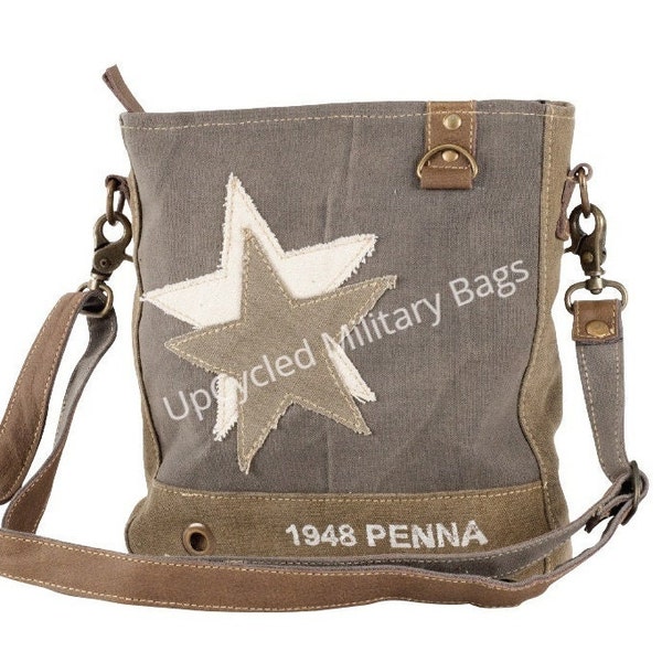 Repurposed Military Double Star Army Canvas Bag | Recycled Military Tent & Tarp UpCycled Crossbody Shoulder Bag Army Wife Army MOM Handbag