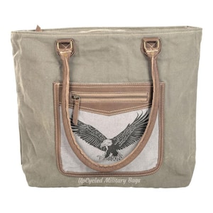 Bag Bald Eagle Military Canvas Tote Shoulder Bag Overnight Travel Purse Patriotic Bag | Eagle Lover Gift | American Bald Eagle Military Gift