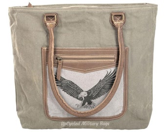 Bag Bald Eagle Military Canvas Tote Shoulder Bag Overnight Travel Purse Patriotic Bag | Eagle Lover Gift | American Bald Eagle Military Gift