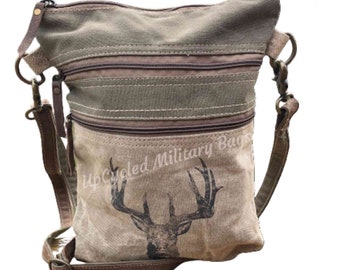 Buck, Stag Deer Repurposed Canvas Crossbody Bag Military Canvas Bag Purse Shoulder or Hand Bag | Boho Gift for Her Mom Wife Veteran