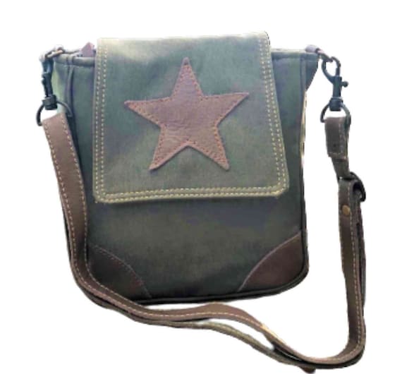 Vintage Leather and Recycled Military Tent Messenger Bag
