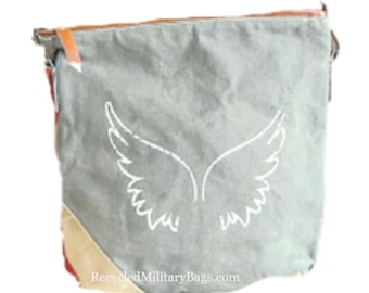 Angel Wing Print Canvas Crossbody Bag made of Repurposed Military Canvas eco-friendly canvas Gift for Veterans, Mom Wife Gift of Remembrance