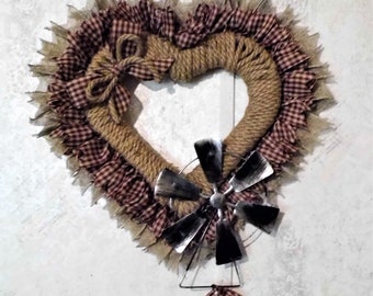 Country Heart Wreath, Rustic Heart Wreath, Farm Heart Wreath, Heart Wreath, Windmill Wreath, Rope and Ribbon Heart Wreath, Kitchen Wreath