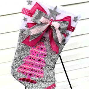Pink Tree and Silver Creative Stocking, Bling Pink Christmas Stocking, Jeweled Tree Stocking, Christmas Stocking, Creative Christmas Decor