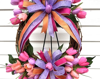 Tulip Wreath, Tulip Grapevine Wreath, Grapevine Wreath, Spring Tulip Ribbon Wreath, Coral, Lavender, and Pink Tulip Wreath, Tulips, Spring