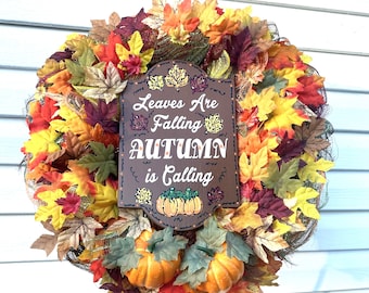 Autumn Wreath, Fall Wreath, Autumn Leaves Wreath, Fall Leaves Wreath, Leaves Wreath, Leaves, Fall Decoration, Leaves and Pumpkins Wreath