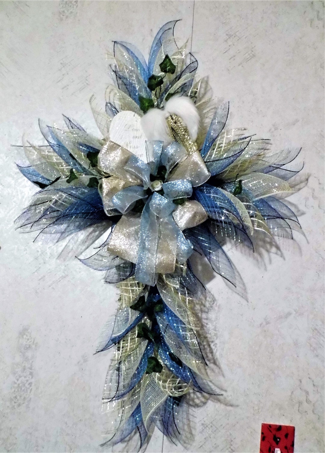 LOVE and MISS You Cementery Funeral Memorial Cross Wreath, Angel Wing