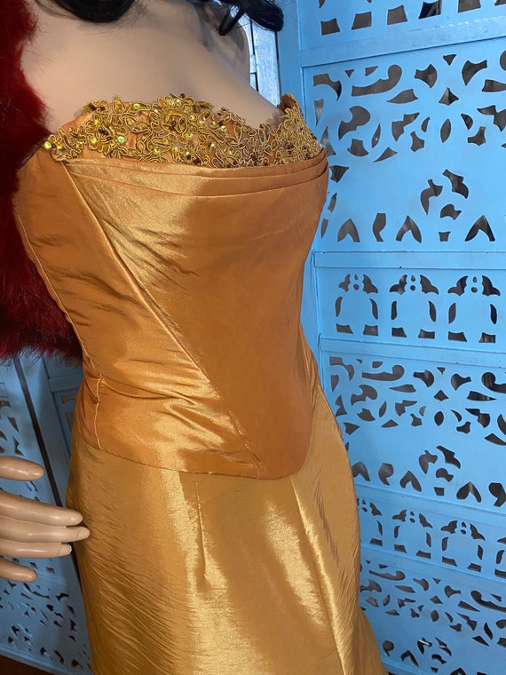 Gold Victorian corset style gown. Bridgerton style