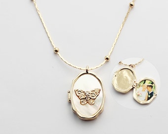 Personalized Butterfly Shell Photo Locket Necklace, Gold Plated Keepsake Pendant, Best Friend Personalized Gift, Mom, Little Girl Locket