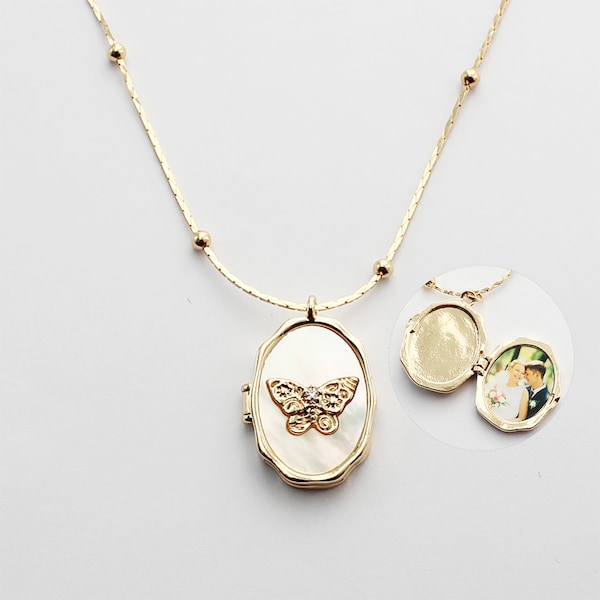 Personalized Butterfly Shell Photo Locket Necklace, Gold Plated Keepsake Pendant, Best Friend Personalized Gift, Mom, Little Girl Locket