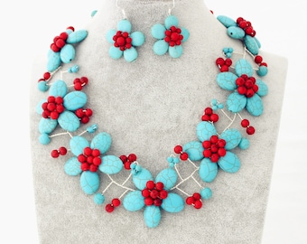 Turquoise collier fait à la main turquoise fleur boucles d’oreilles ensemble cadeau pour les femmes mère fille collier