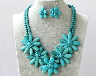 Turquoise Necklace Handmade Turquoise Flower Earrings set  Gift For Women  Mother Daughter Necklace