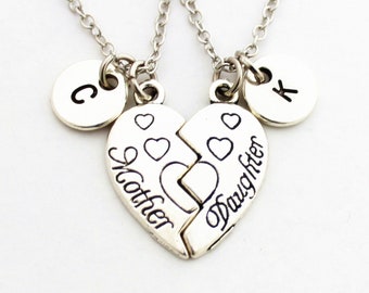 Personalized Initial  letter Mother Daughter Necklaces, initials heart necklace, mother day gift, Mother Baby, broken heart ,Christmas Gift