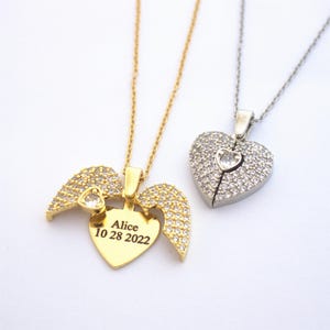 Collar personalizado con nombre para mujer, collar con alas, collar de corazón que se abre, regalo de San Valentín, collar con alas de ángel de la guarda para mujer.